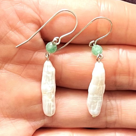 Artisan 925 Sterling Silver Rare White Biwa Stick Pearl Hook Earrings - Picture 5 of 5